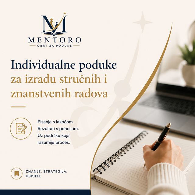 Mentoro: individualne poduke za izradu stručnih i znanstvenih radova. Ruka piše u bilježnicu pokraj prijenosnog računala.