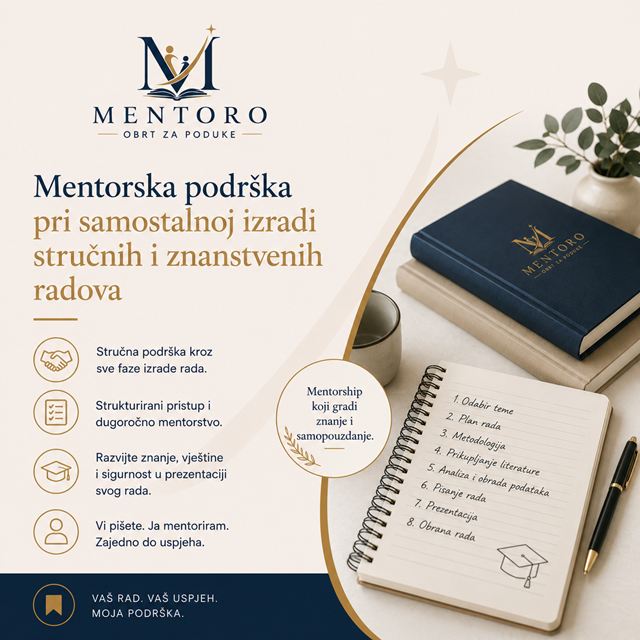 Mentoro: mentorska podrška pri samostalnoj izradi radova. Bilježnica s popisom faza od odabira teme do obrane rada.