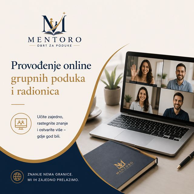 Mentoro: online grupne poduke i radionice. Prijenosno računalo s videopozivom četiri sudionika.
