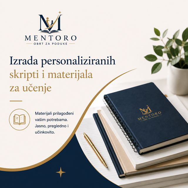 Mentoro: izrada personaliziranih skripti i materijala za učenje. Hrpa bilježnica s logotipom Mentoro i zlatna olovka.