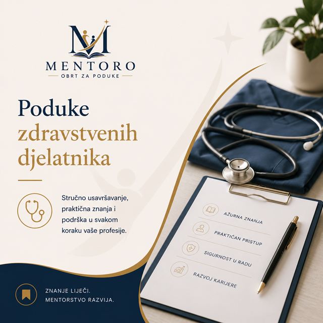 Mentoro: poduke zdravstvenih djelatnika. Stetoskop, medicinska odora i podloga s popisom: ažurna znanja, praktičan pristup, sigurnost u radu, razvoj karijere.